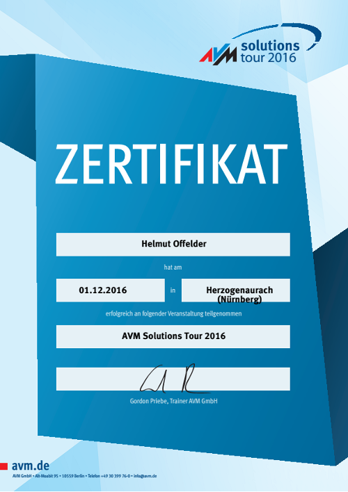 Teilnahmezertifikat AVM solutions tour Helmut Offelder (2016)