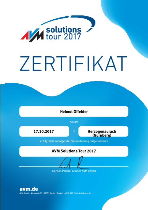 Teilnahmezertifikat AVM solutions tour Helmut Offelder (2017)