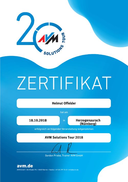Teilnahmezertifikat AVM solutions tour Helmut Offelder (2018)