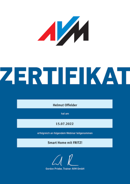 Teilnahmezertifikat AVM Webinar Smart Home mit FRITZ! (Webinar 2022)