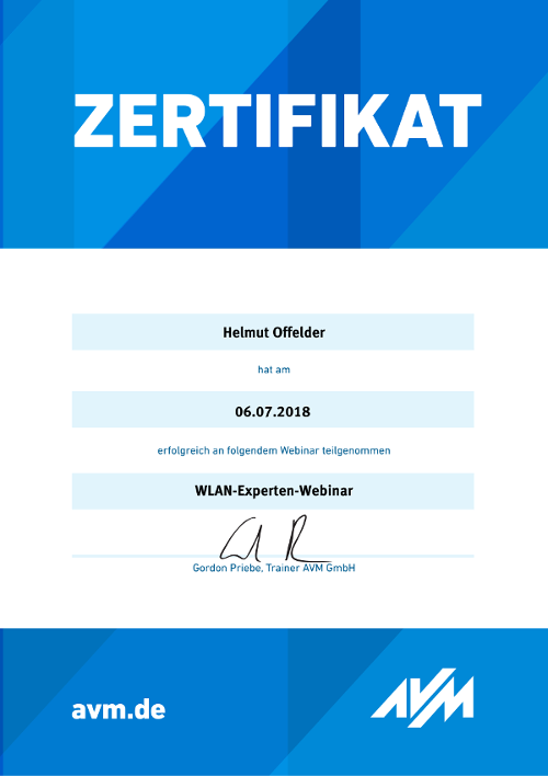 Teilnahmezertifikat AVM WLAN-Experten-Webinar Helmut Offelder (2018)
