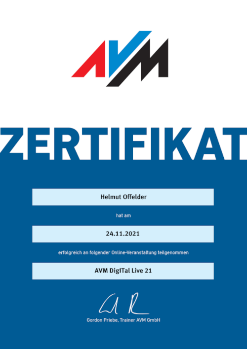 Teilnahmezertifikat AVM DigITal Live 21 (Webinar 2021)